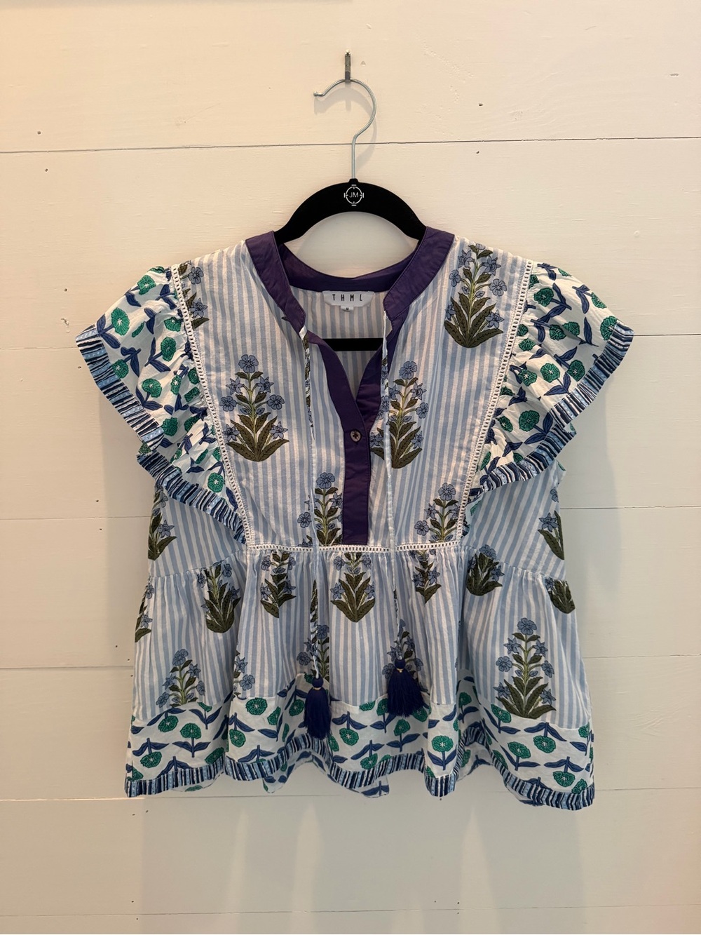 THML Blue Striped Floral Embroidered Peplum Top with Purple Trim